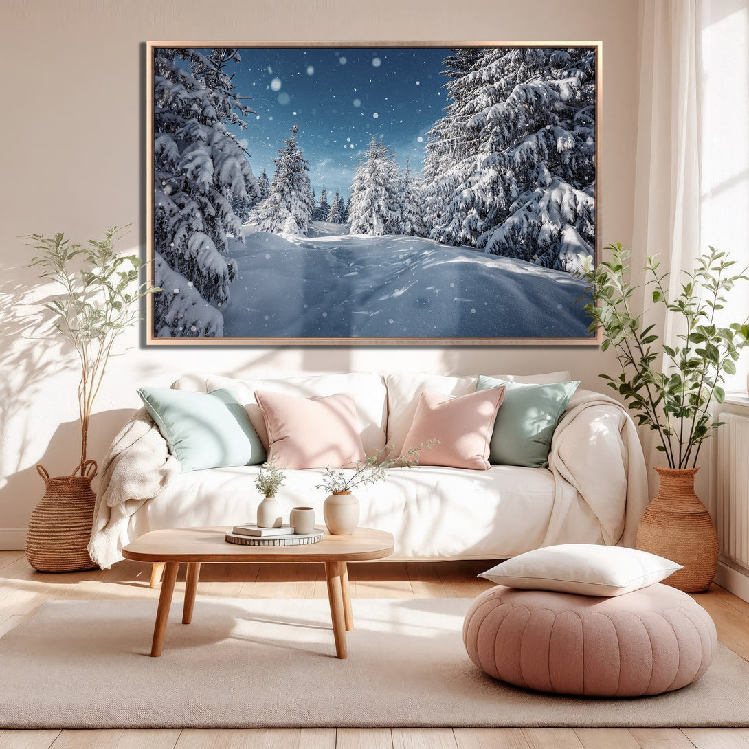 Framed Wall Art of a snowy winter landscape, featuring snow-covered trees and a blue sky. Peaceful scene with a cool, natural color palette. Perfect for home decor.