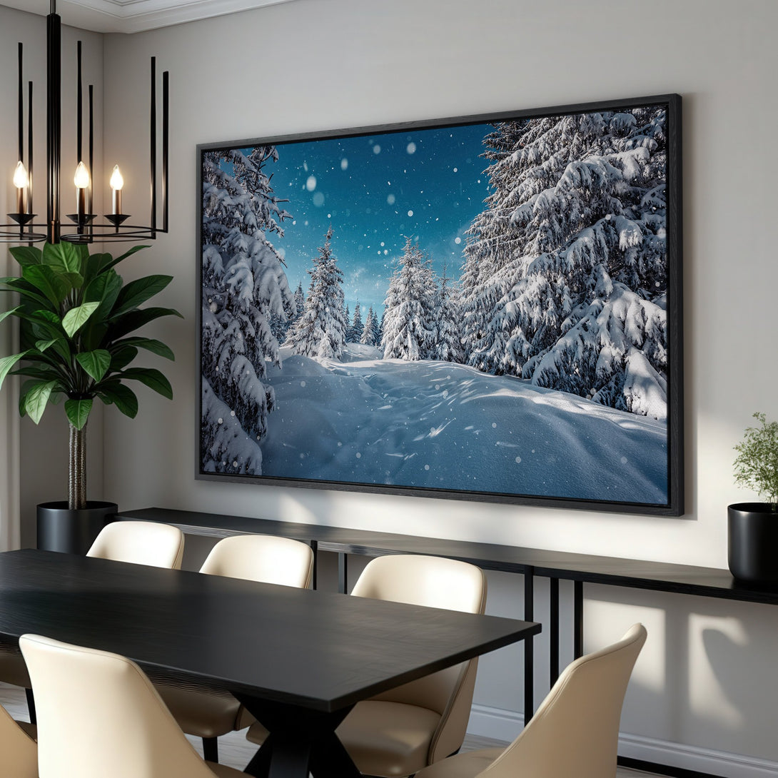 Framed Wall Art: Winter forest scene canvas print in a modern dining room. Features snowy trees, blue sky, and a cool, calming color palette. Perfect home decor.