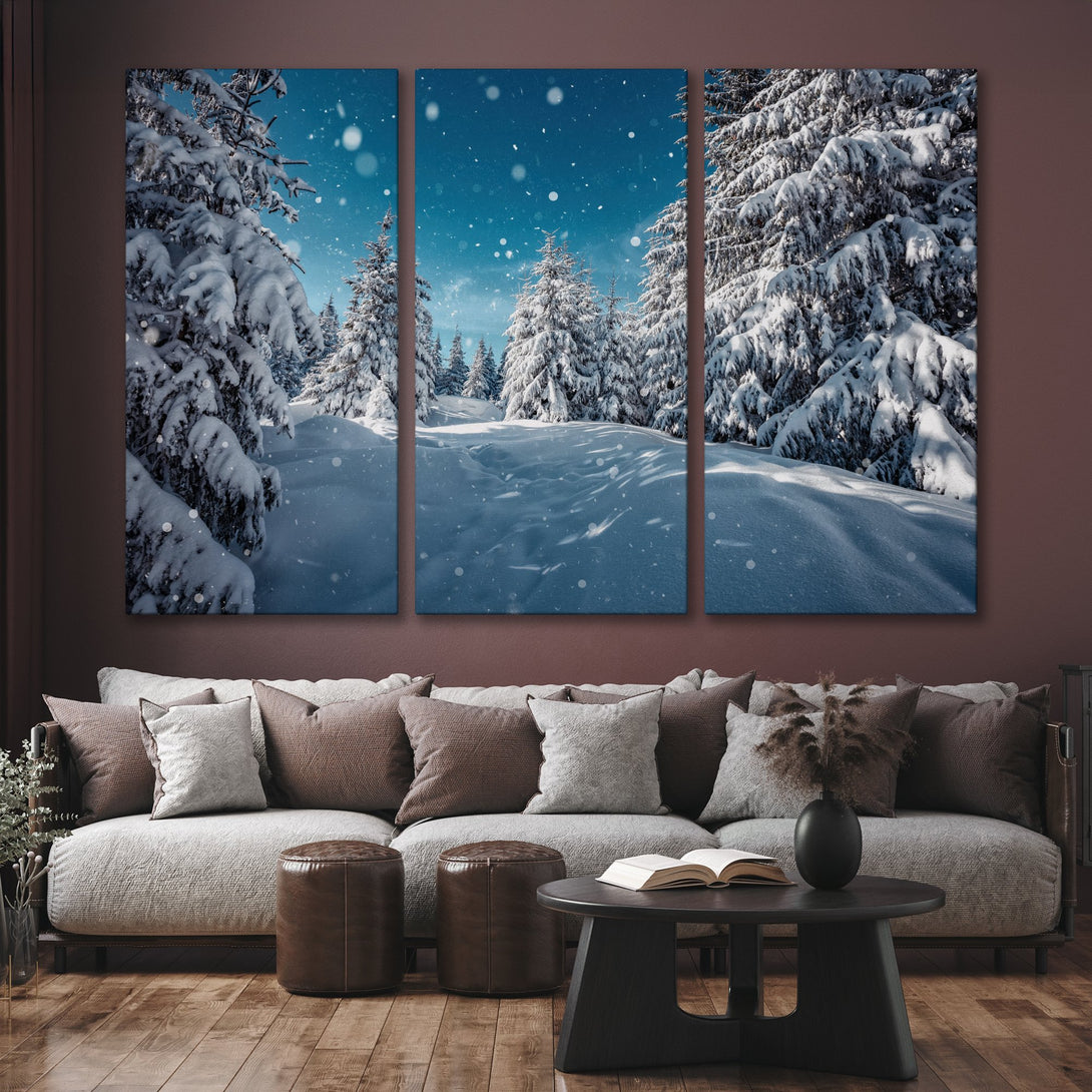 Canvas Print of a snowy winter forest scene in blue and white tones, perfect for adding a touch of nature to your home decor.