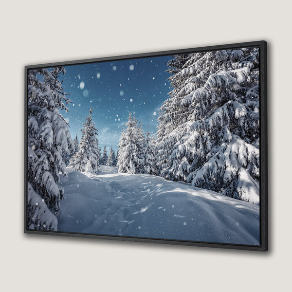 Framed Wall Art: Winter forest scene with snow-covered trees, blue sky, and a serene, natural aesthetic. Cool blue and white color palette. Perfect for your home!