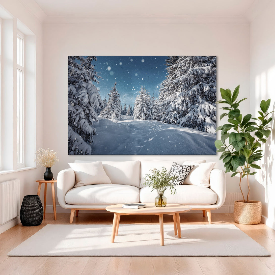 Framed Wall Art: Winter forest scene in blue and white. Snowy trees and landscape. Modern interior decor with gold frame.