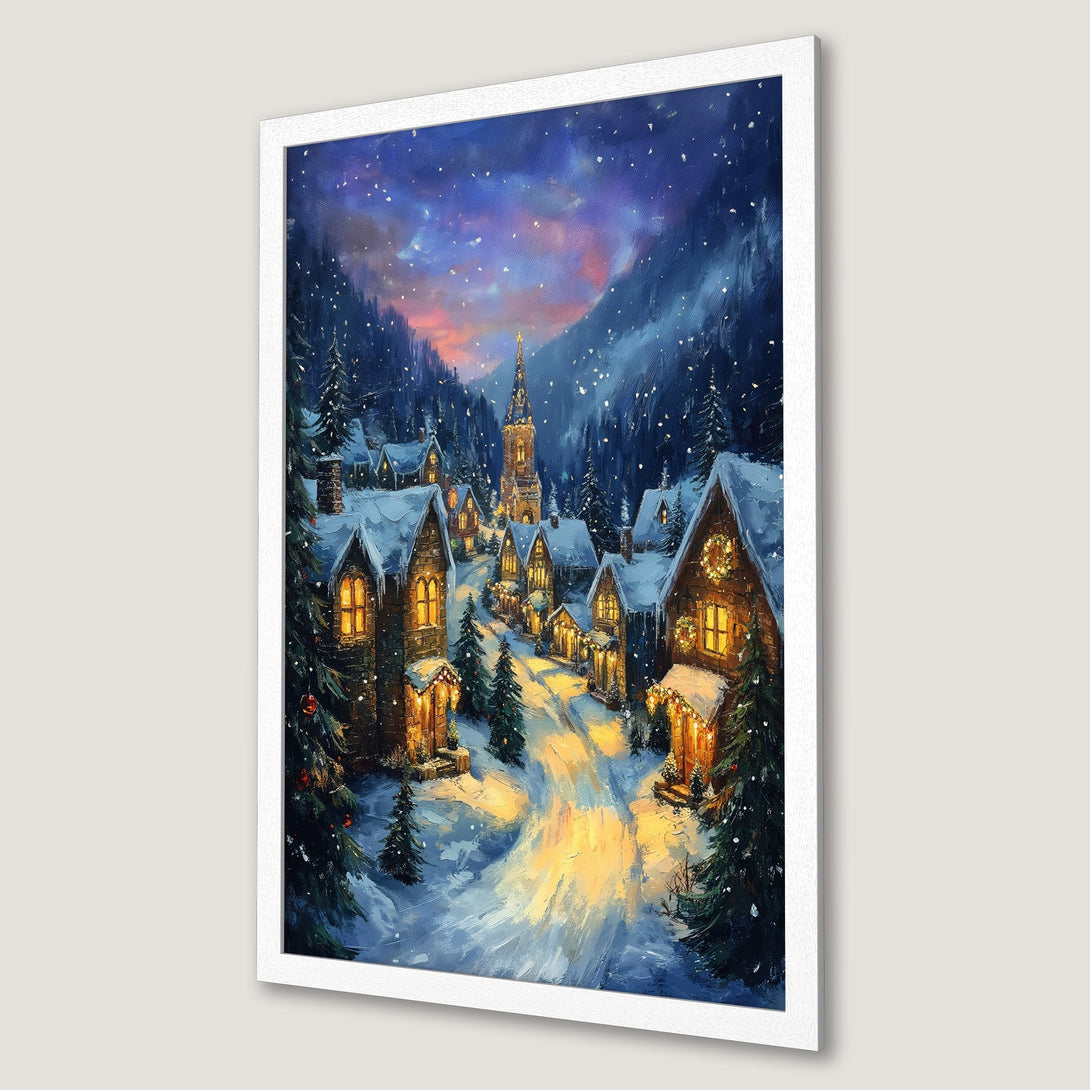 Framed Poster: Winter village scene with warm lights, painted style, blue and gold color palette. Cozy holiday decor.