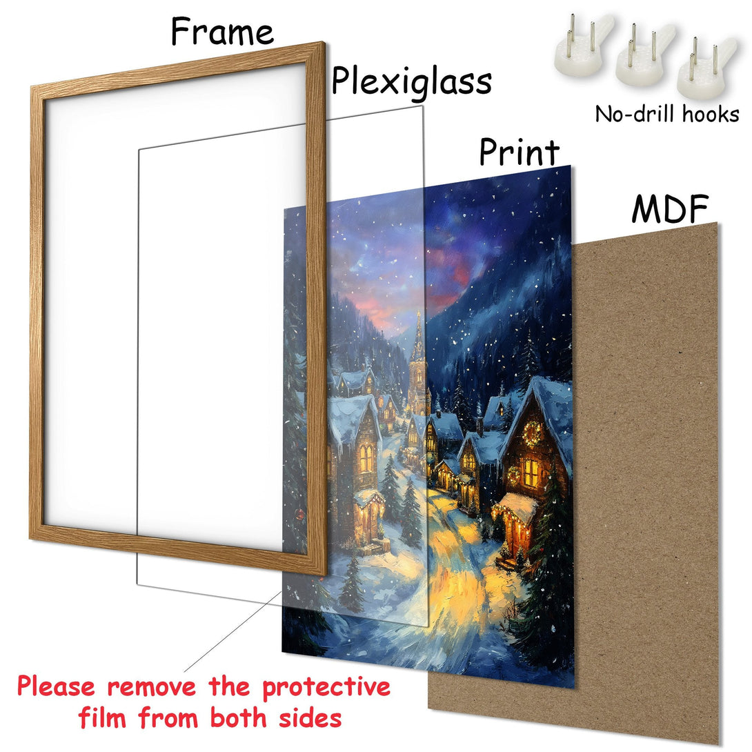 Framed Poster of a winter village scene in a warm, inviting color palette. Add cozy charm to your home!