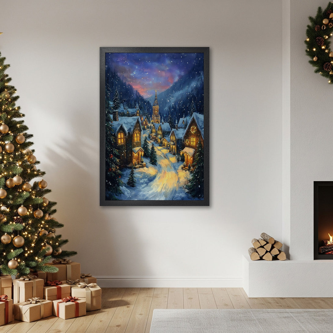 Framed Poster of a snowy village scene in a warm, painterly style with a blue and gold color palette, perfect for holiday decor.