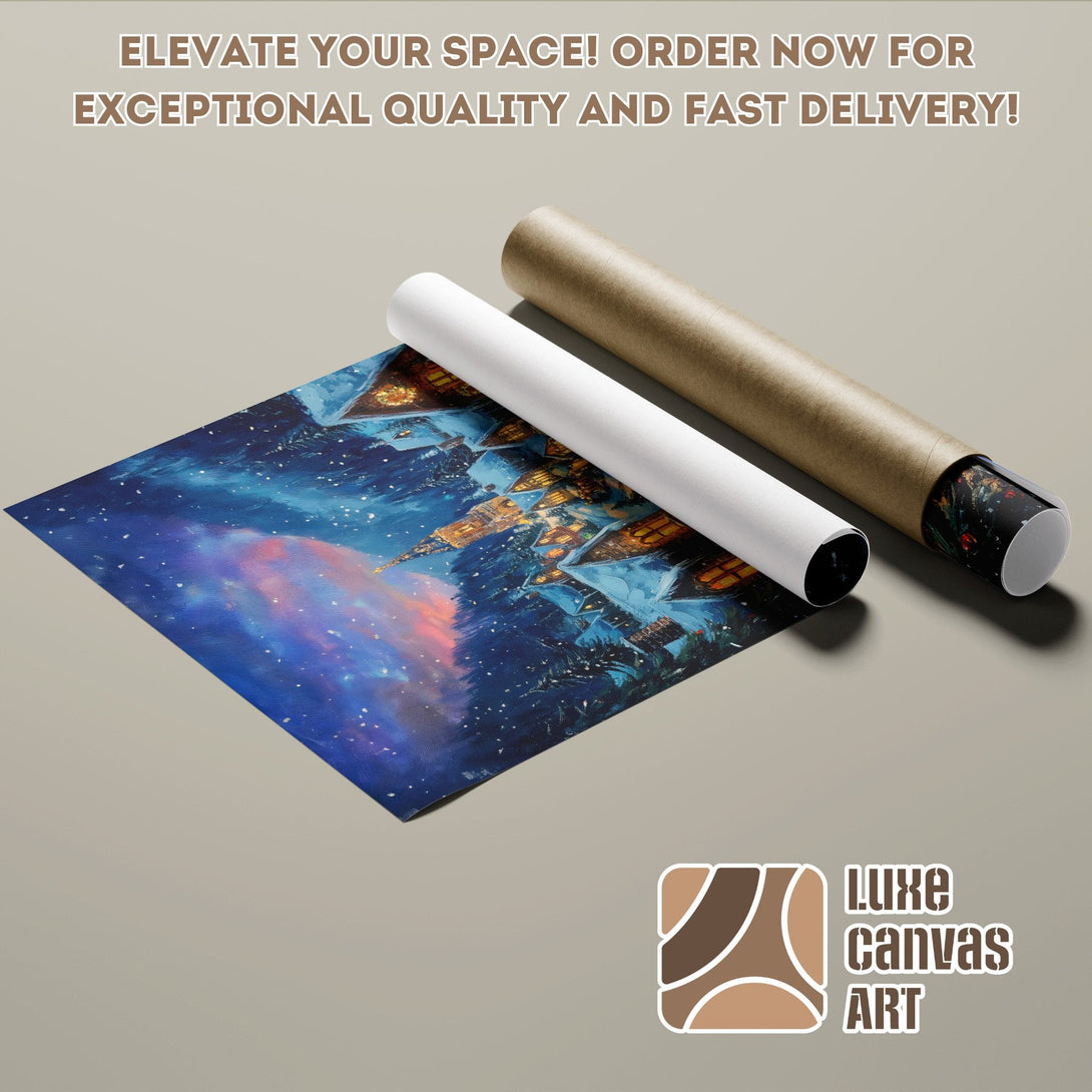 Art Poster Roll with a night sky and castle painting, featuring blue and purple hues.