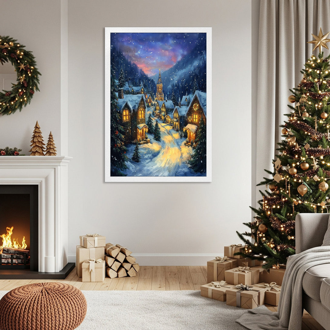 Framed Poster featuring a winter village scene in a painterly style with a blue, gold, and white color palette, perfect for holiday decor.