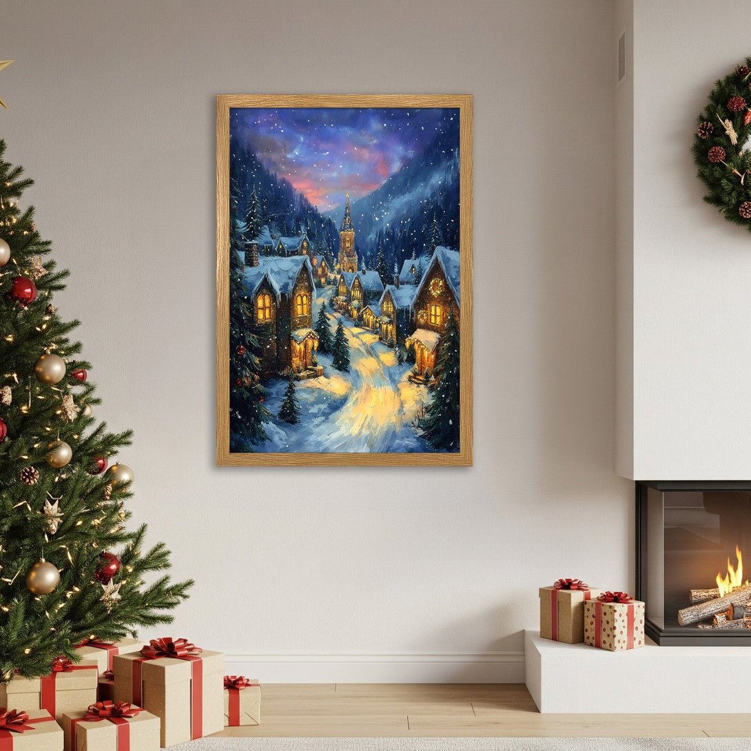 Framed Poster of a winter village scene in a warm, inviting color palette. Perfect Christmas decor!