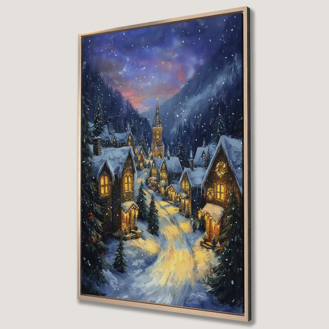 Framed Wall Art: Winter village scene in a warm, inviting style. Featuring a snowy street with lit houses, a church, and a blue & gold color palette. Perfect holiday decor!