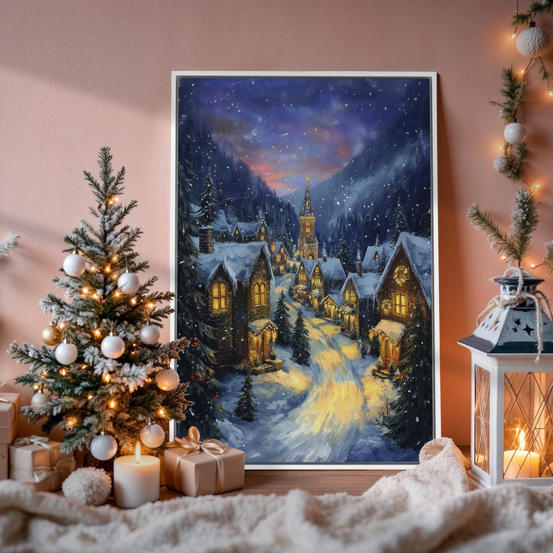 Framed Wall Art: Winter village scene Canvas Print with a warm, inviting color palette. Perfect for cozy holiday decor!