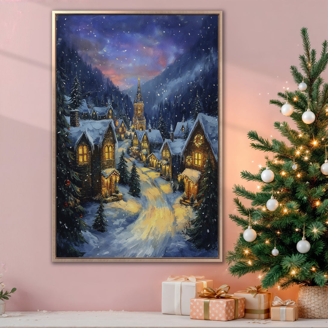 Framed Wall Art: Winter village scene in a cozy, painterly style. Featuring a snowy landscape with warm, inviting light and a cool blue and gold palette. Perfect holiday decor!