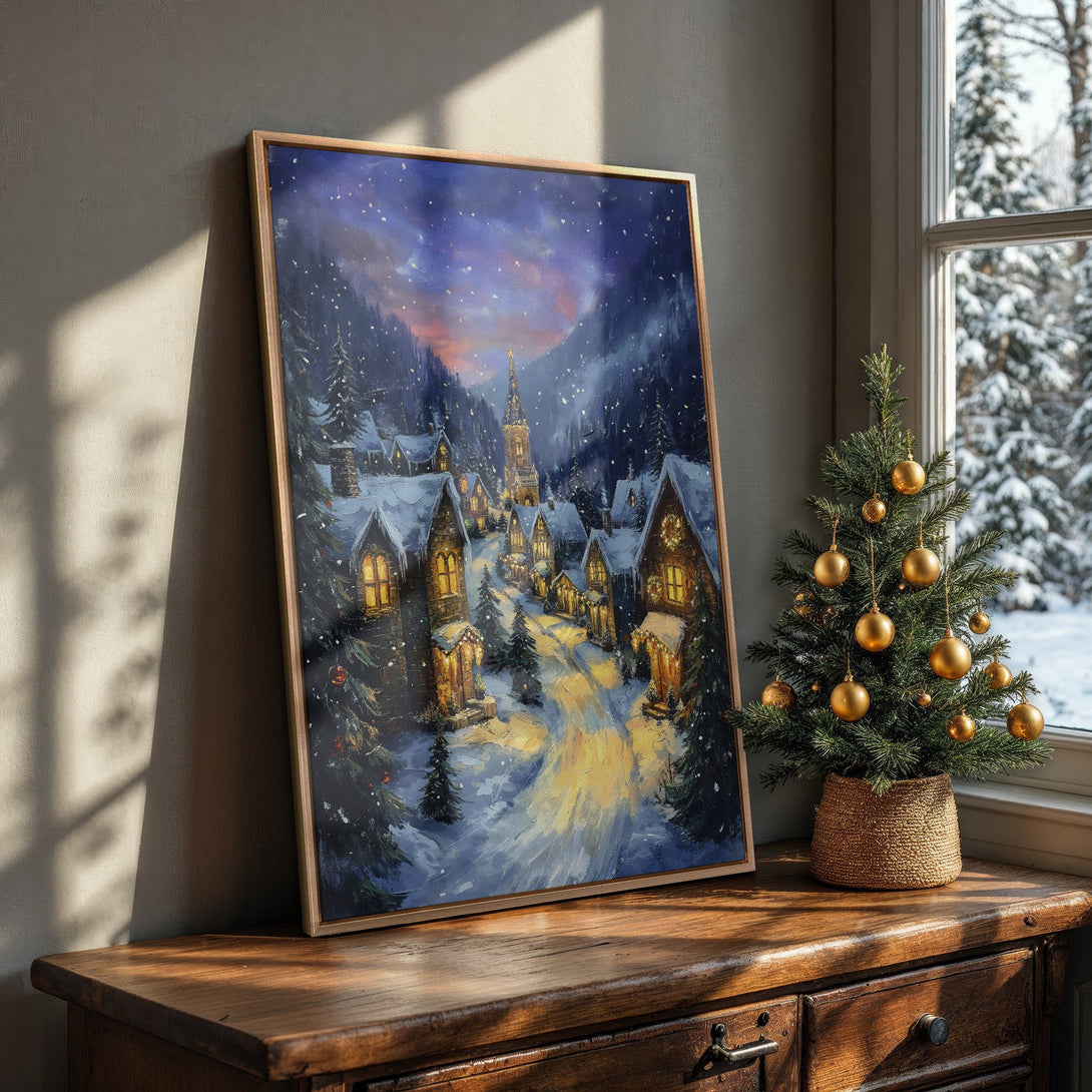 Framed Wall Art: Winter village scene Canvas Print. Warm, inviting painting with a blue, gold, and white color palette. Cozy holiday decor.