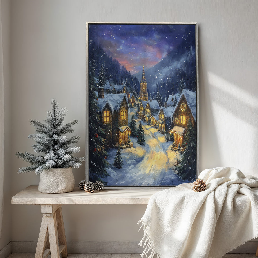 Framed Wall Art of a winter village scene. Cozy, impressionistic style with a blue, gold, and white color palette. Perfect holiday decor!