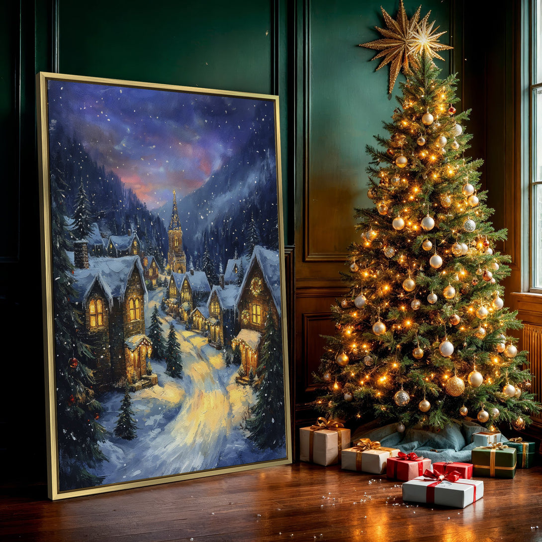Canvas Print of a snowy village scene in a painterly style with a blue and gold color palette. Perfect for holiday decor.
