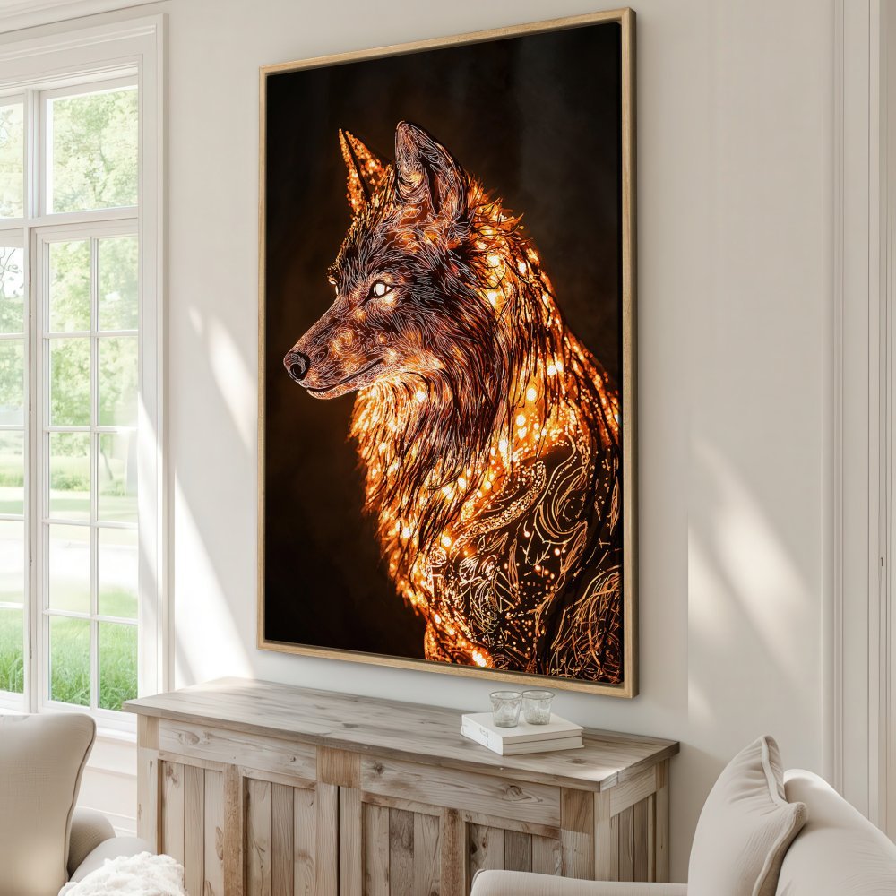 Framed Wall Art: Stunning wolf portrait in warm orange and brown tones. Add a touch of mystical elegance to your decor with this unique Canvas Print.