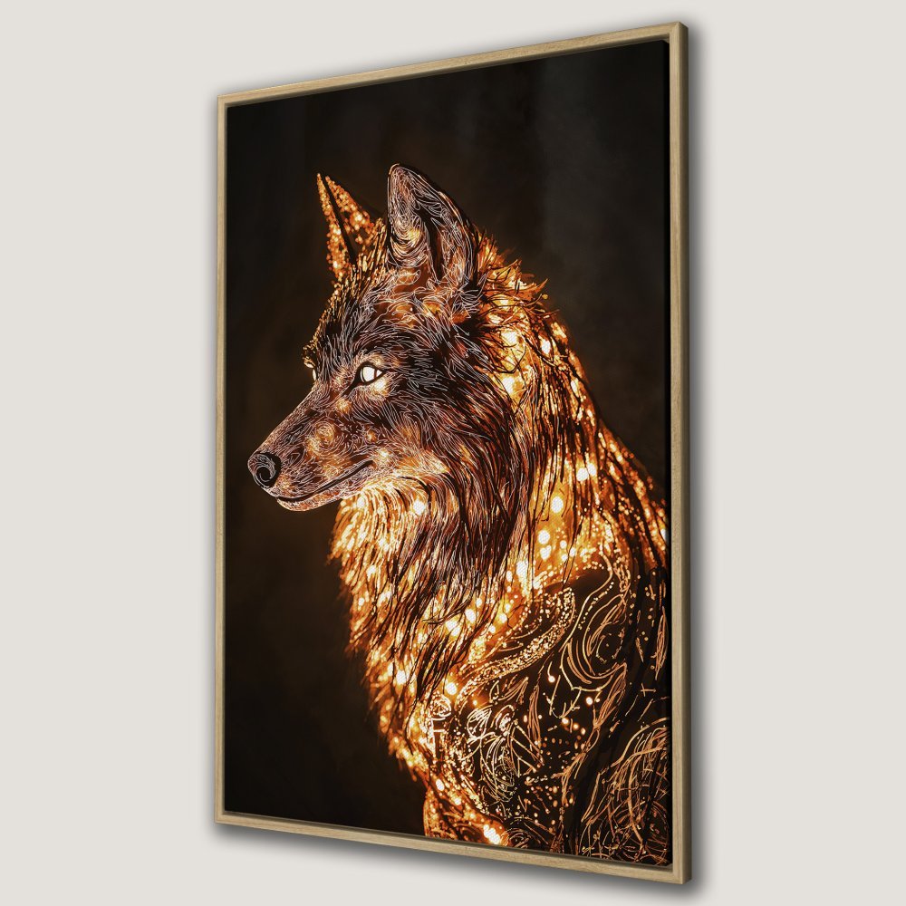 Framed Wall Art: Stunning wolf portrait in warm gold and brown tones. Unique, artistic Canvas Print to elevate your home decor.