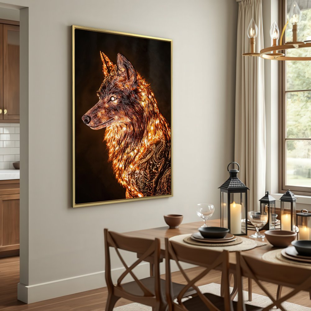 Stunning Canvas Print of a wolf with a glowing, artistic design. Warm gold and brown tones. Perfect wall art for any space!