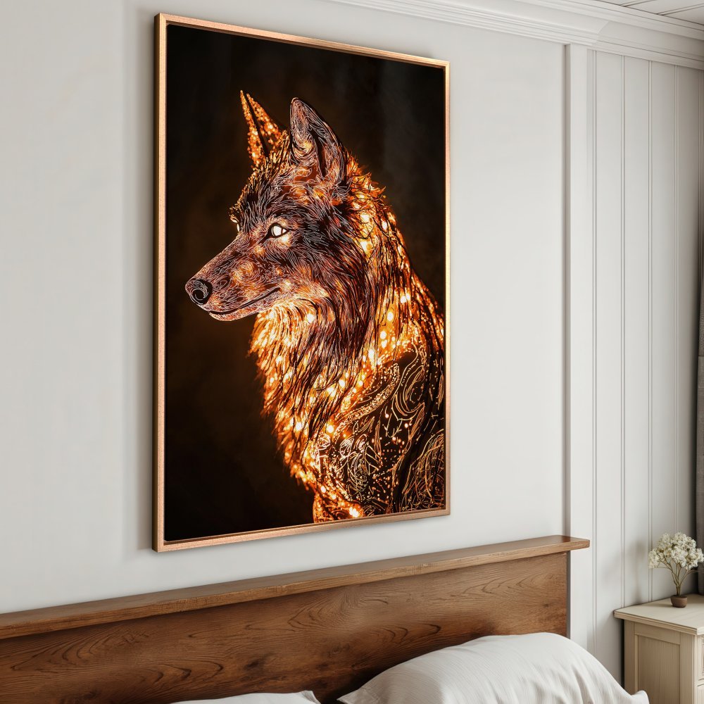 Framed Wall Art: Stunning wolf portrait in warm orange and brown tones. Unique, artistic Canvas Print for your home decor.