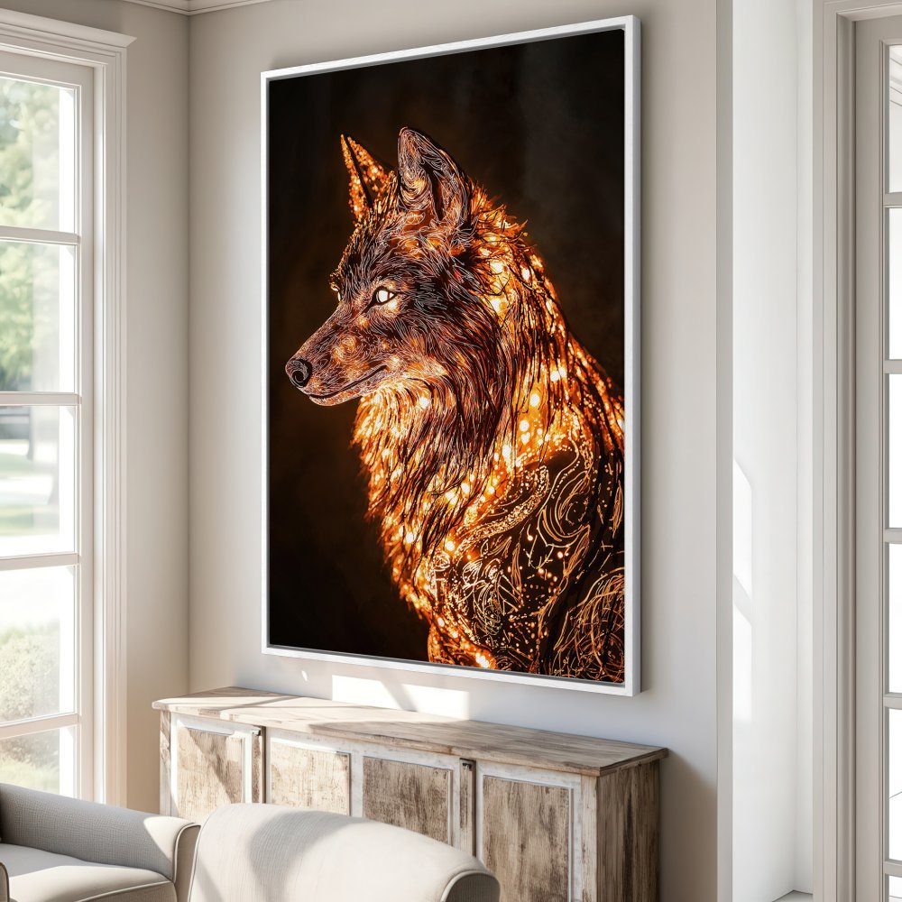Framed Wall Art: Stunning wolf portrait in warm gold and brown tones. Add a touch of nature and artistry to your home decor!