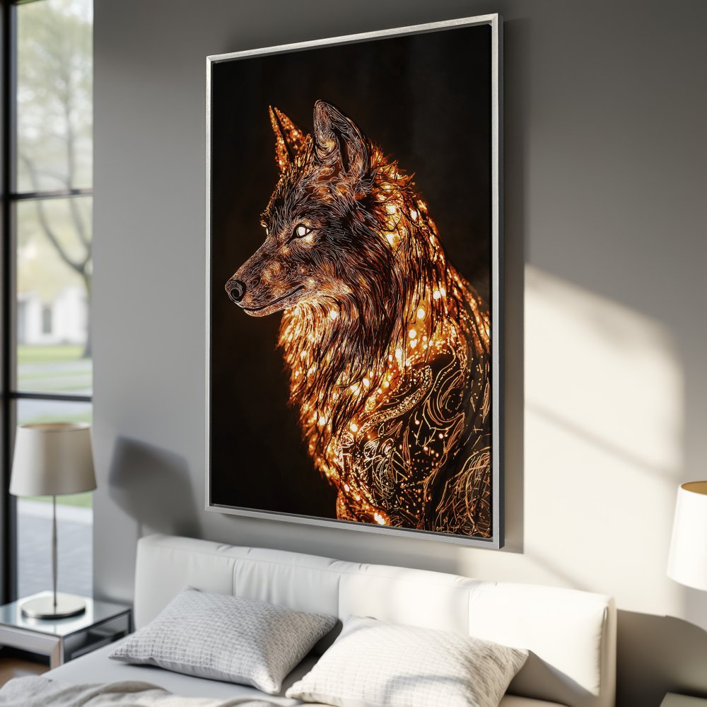 Framed Wall Art: Majestic wolf portrait in warm gold and brown tones. Stunning canvas print for modern home decor.