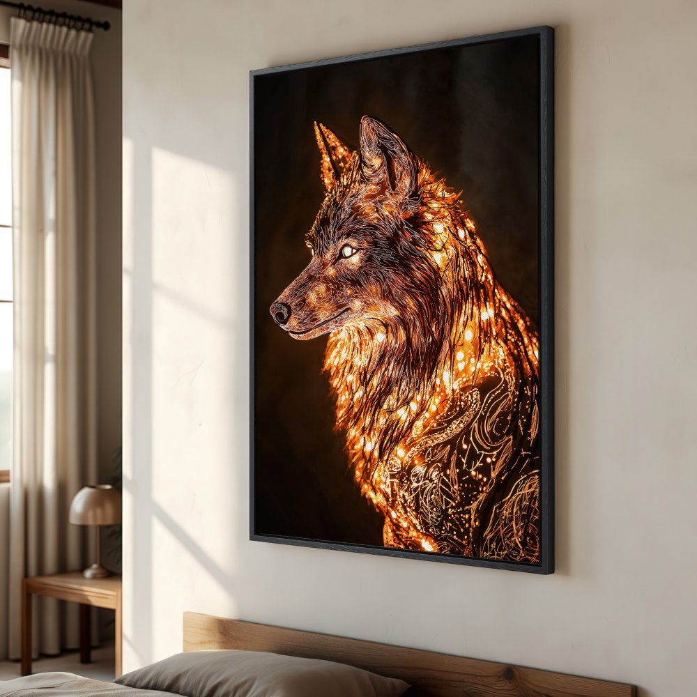Framed Wall Art: Stunning wolf portrait in warm gold and brown tones. Add a touch of nature & elegance to your home decor. Shop now!
