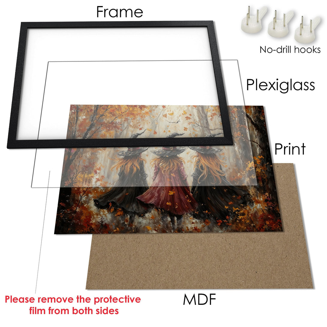 Framed Poster featuring witches in an autumn forest scene, warm color palette. Perfect wall art for your home!