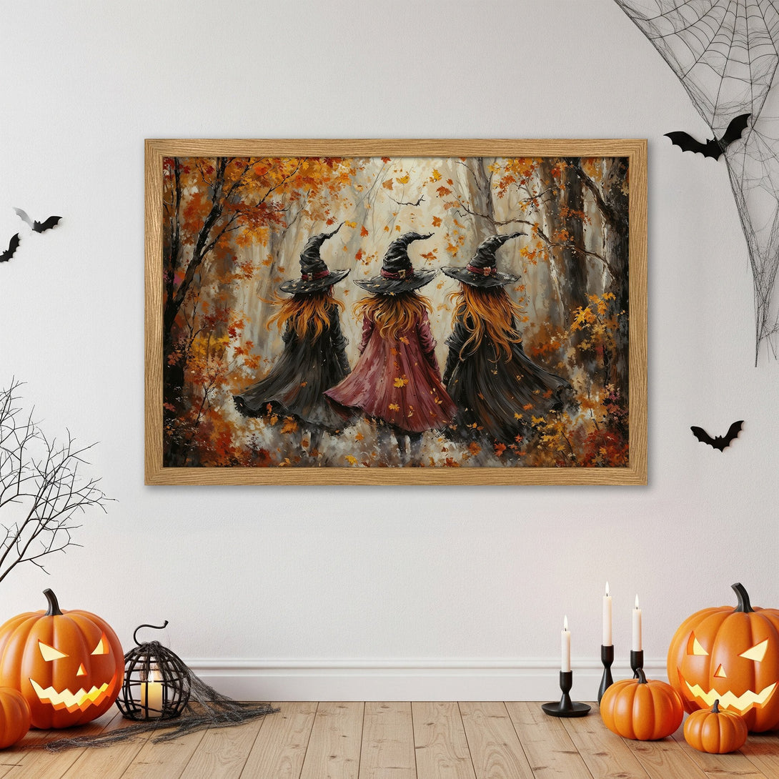 Framed Poster featuring three witches in a forest with autumn colors. Perfect Halloween decor!