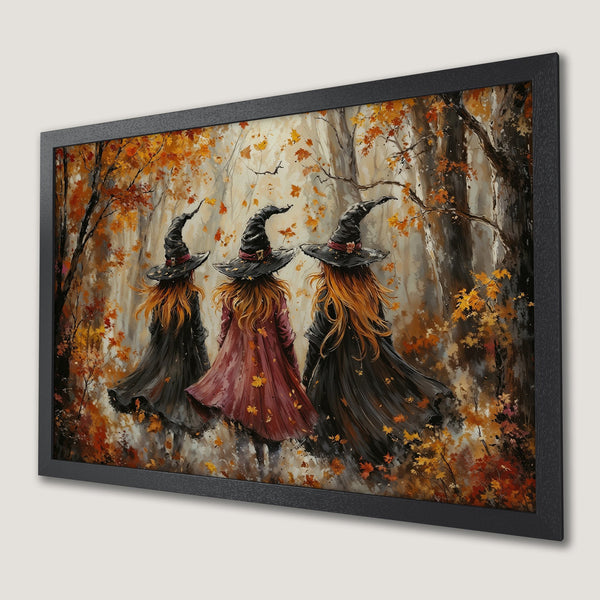 Framed Poster: Three witches in autumn forest, warm color palette, whimsical art. Perfect Halloween decor!