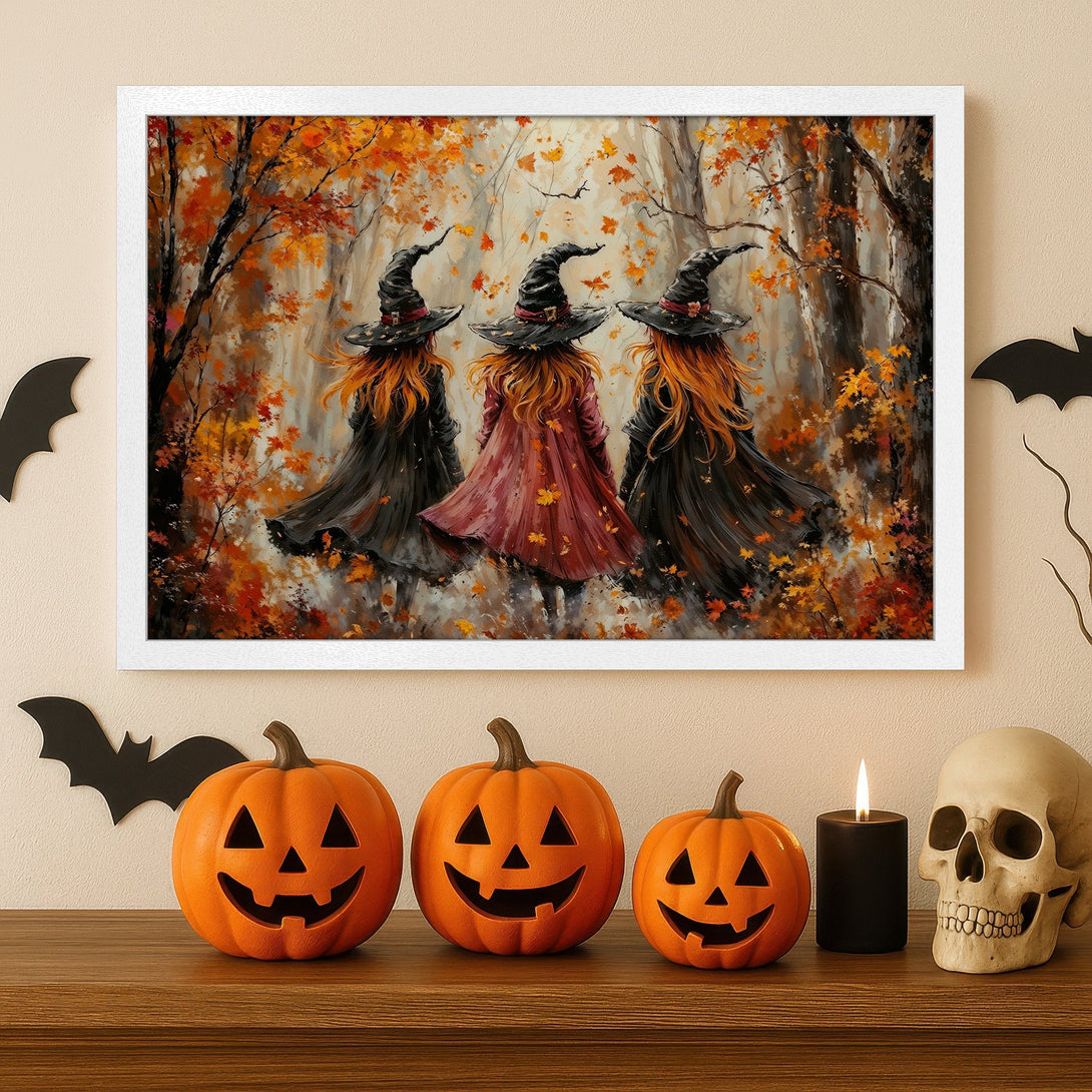 Framed Poster of witches in autumn forest. Warm orange & red palette, impressionist style, perfect Halloween decor.