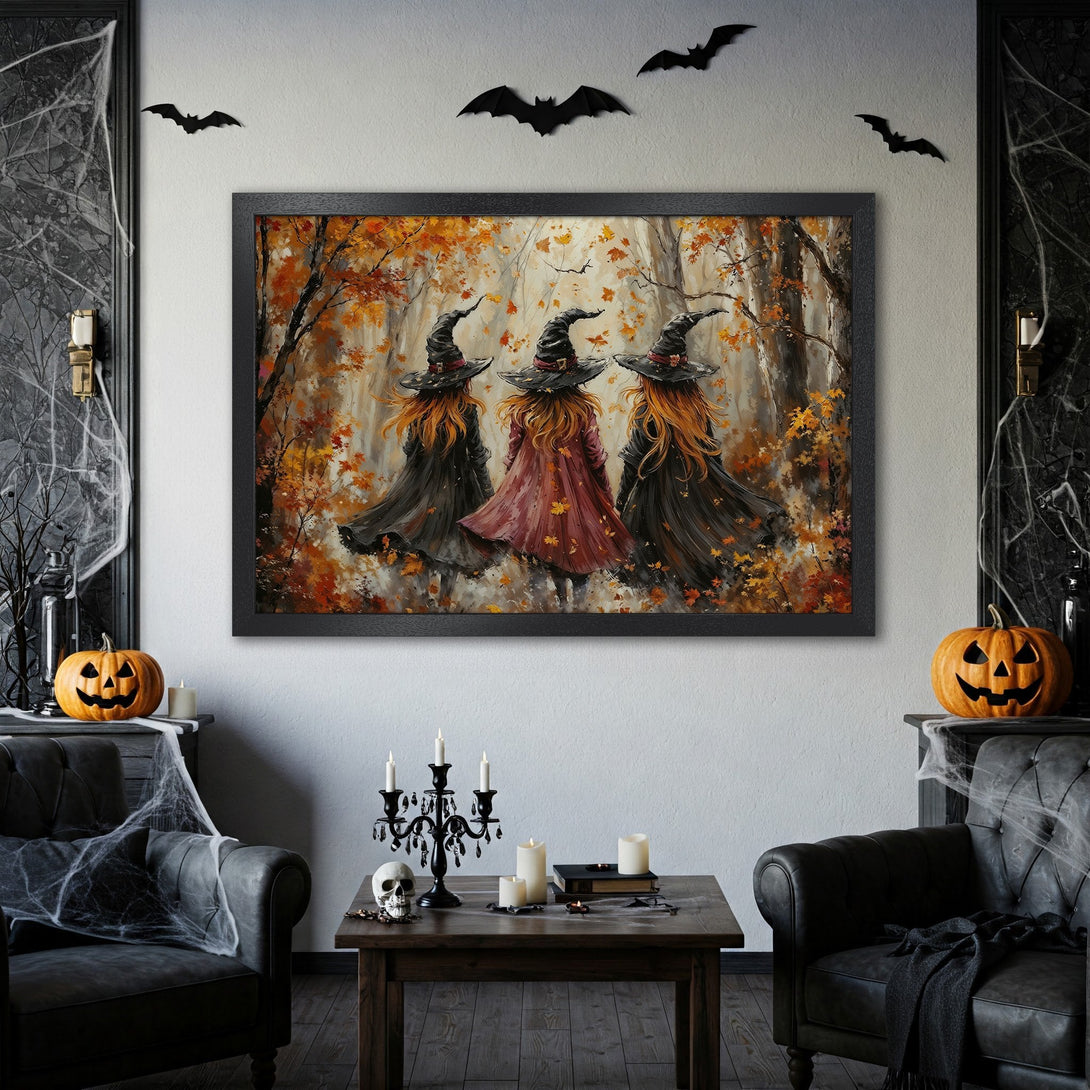 Framed Poster featuring three witches in a forest, autumnal colors. Perfect Halloween art for your home decor.