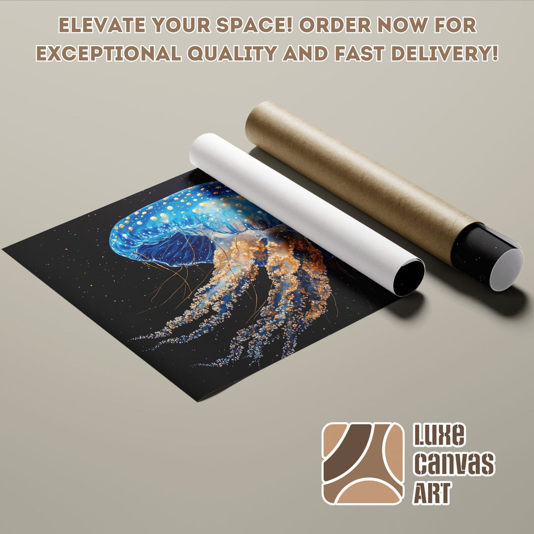 Jellyfish Poster Roll art print. Blue, gold, & black color palette. Elevate your space with Luxe Canvas Art!