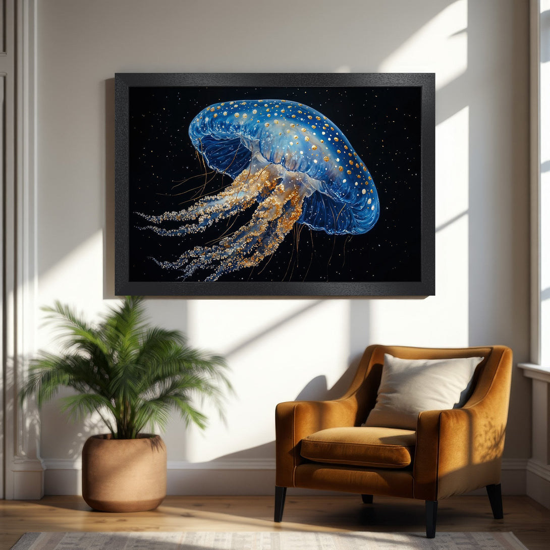 Framed Poster featuring a stunning jellyfish in blue and gold against a black background. Perfect wall art for a modern home.