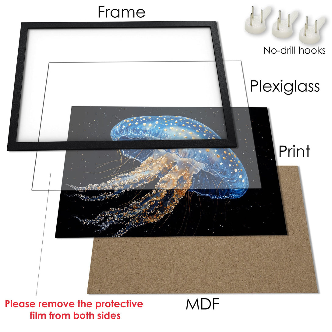 Framed Poster featuring a jellyfish in blue and gold against a dark background. Stunning art print with a modern style.