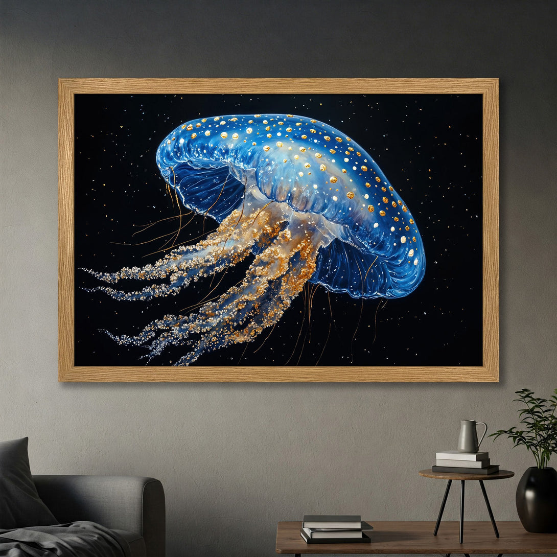 Framed Poster of a stunning jellyfish in blue, gold, and black, perfect wall art for any space.