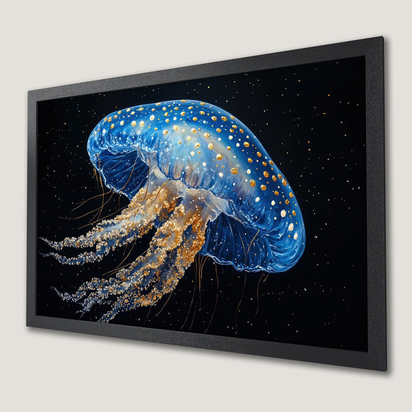Framed Poster of a stunning jellyfish in blue, gold, and black, perfect for ocean-themed decor.