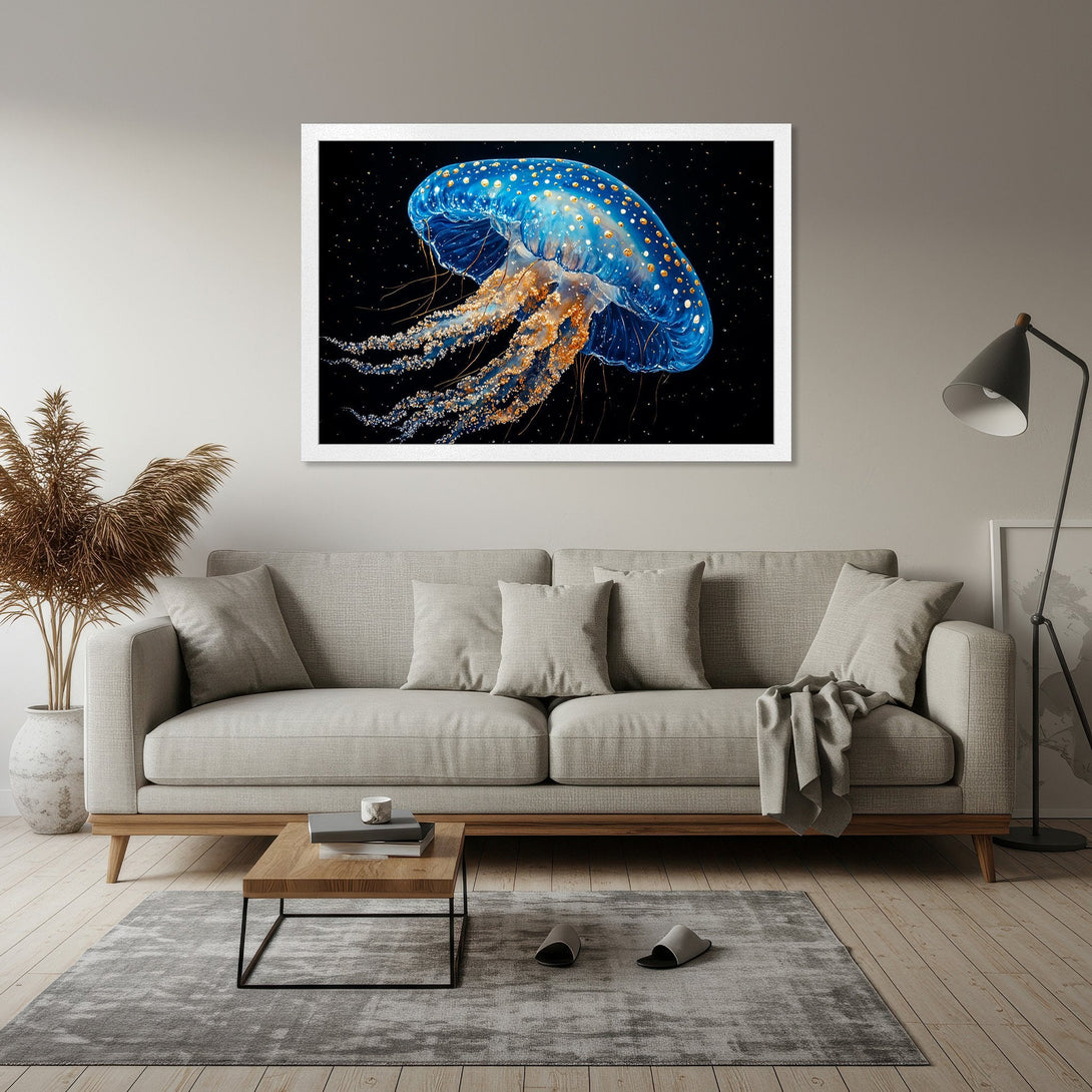 Framed Poster featuring a vibrant jellyfish in blue and gold against a black background. Perfect for adding a touch of art to your home!