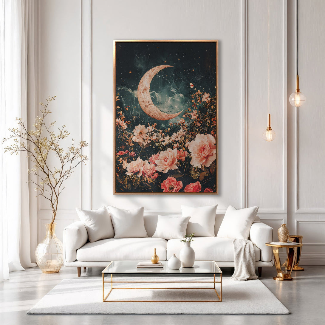 Framed Wall Art featuring a dreamy moon and floral scene. Romantic, vintage style with a dark teal, pink, and gold color palette, perfect for adding elegance to your space.