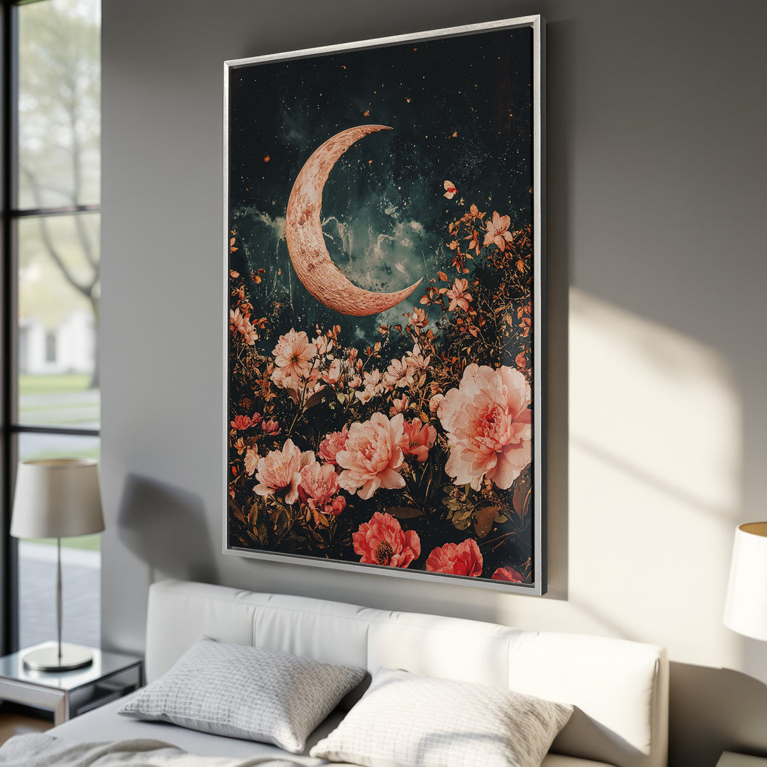 Framed Wall Art featuring a dreamy moon and floral scene in a dark, romantic style with a warm, earthy color palette. Perfect bedroom decor.