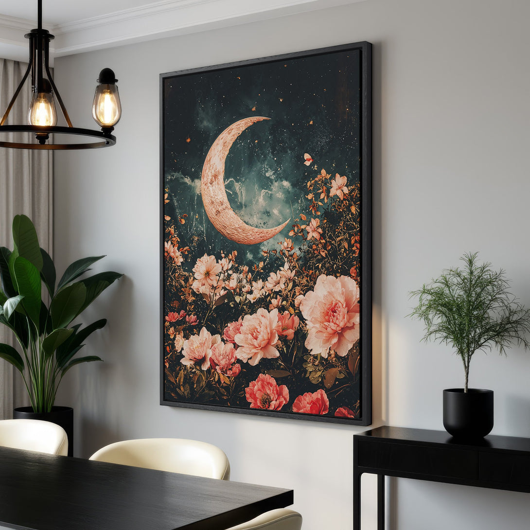 Framed Wall Art: Celestial moon and floral canvas print in a moody, romantic style. Features a dark, teal and blush color palette, perfect for any space.