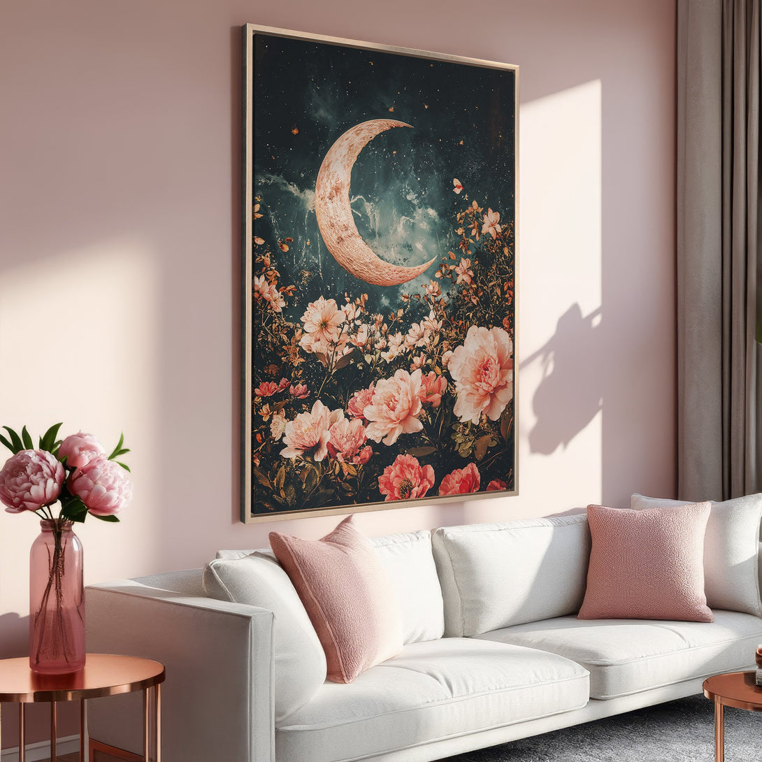 Framed Wall Art featuring a dreamy moon and floral design, in a romantic pink and teal color palette. Perfect for adding a touch of elegance to your space!