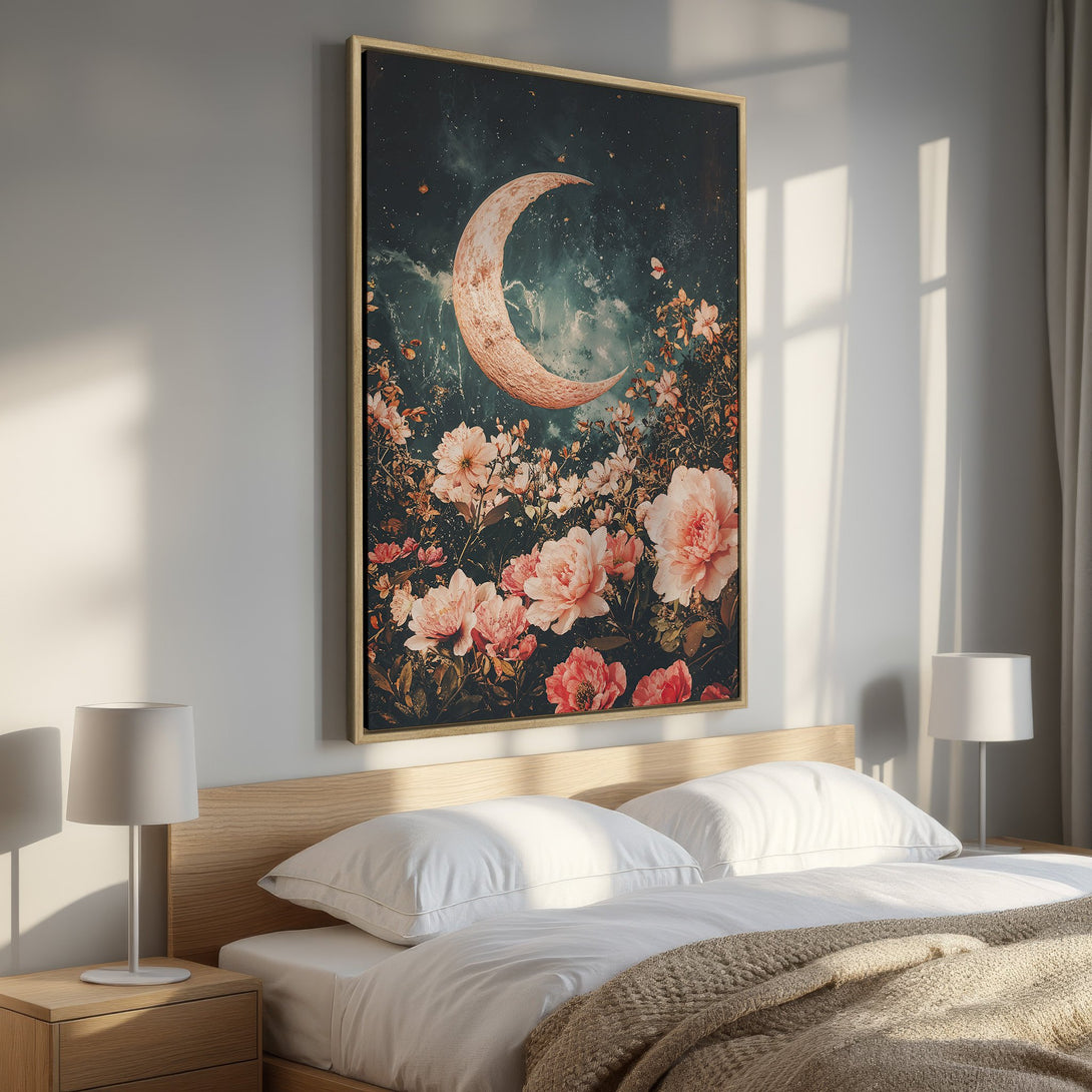 Framed Wall Art: Celestial moon and floral art print in a bedroom. Romantic, dreamy style with a dark teal and blush pink color palette. Perfect bedroom decor!