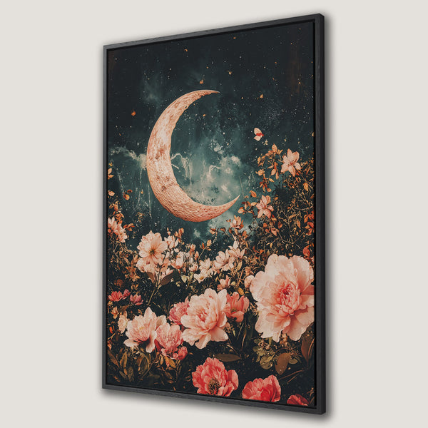 Framed Wall Art: Celestial moon and floral Canvas Print. Dreamy, vintage style with a dark teal, blush pink, and gold color palette. Perfect for bedroom decor.