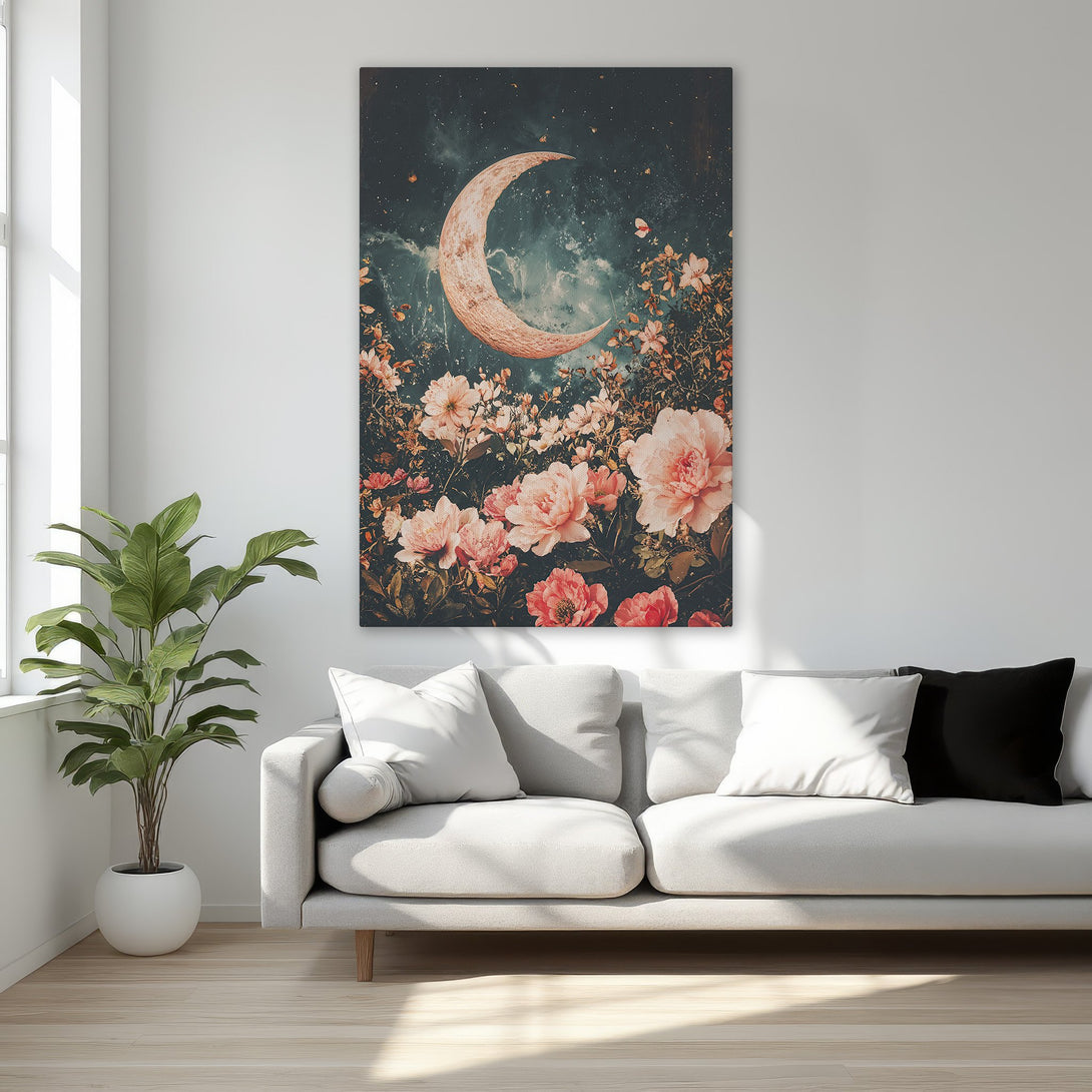 Framed Wall Art featuring a dreamy moon and floral scene in a romantic, vintage style with a muted pink and teal color palette. Perfect bedroom decor.