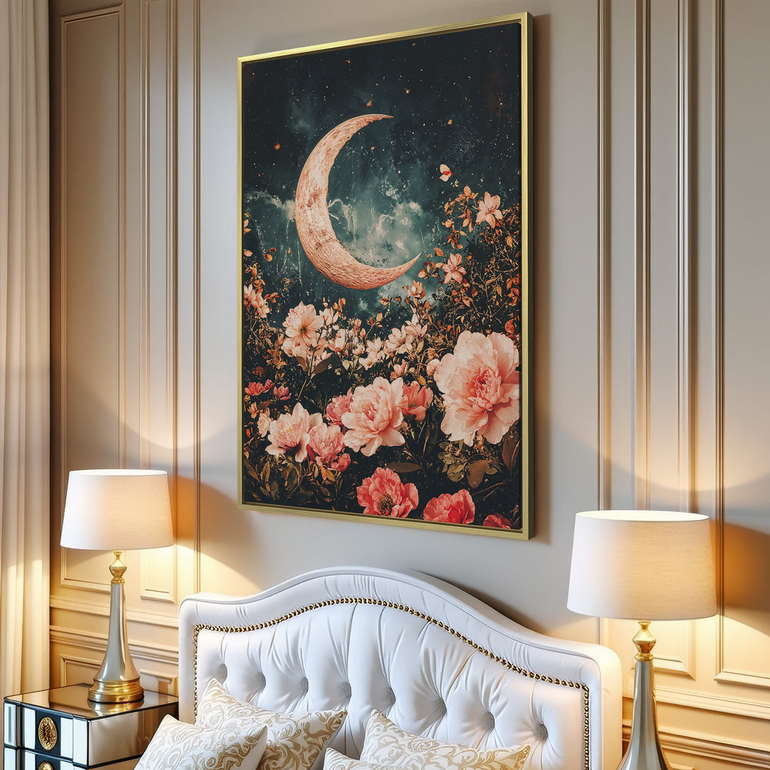 Canvas Print featuring a dreamy moon and floral design in a vintage, romantic style with a warm, muted color palette.