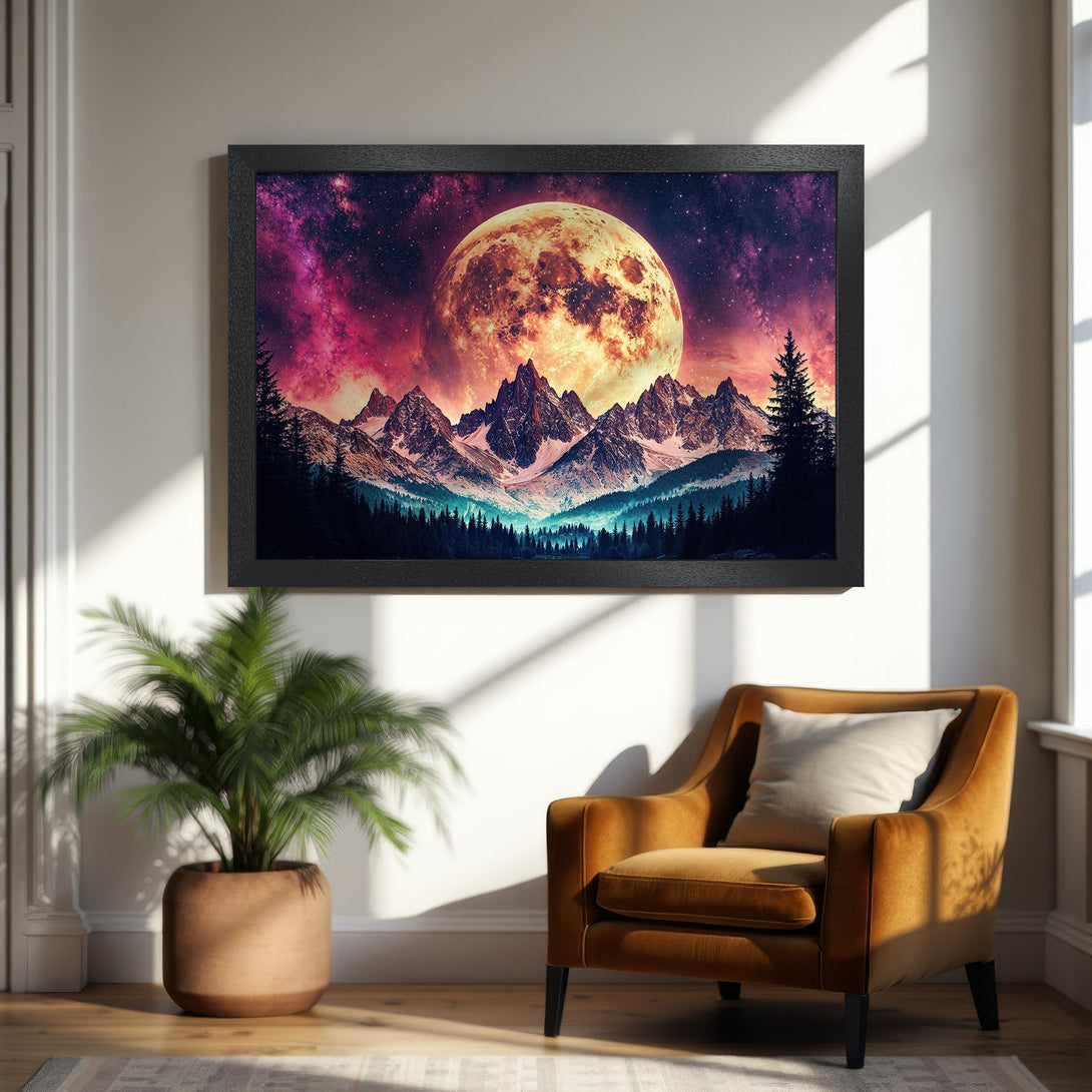 Framed Poster featuring a stunning mountain landscape with a vibrant moon and starry sky. Rich purple, orange, and teal color palette. Perfect wall art!