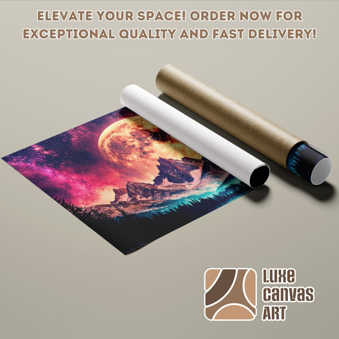 Poster Roll featuring a vibrant space landscape with a pink and blue color palette. Order now!