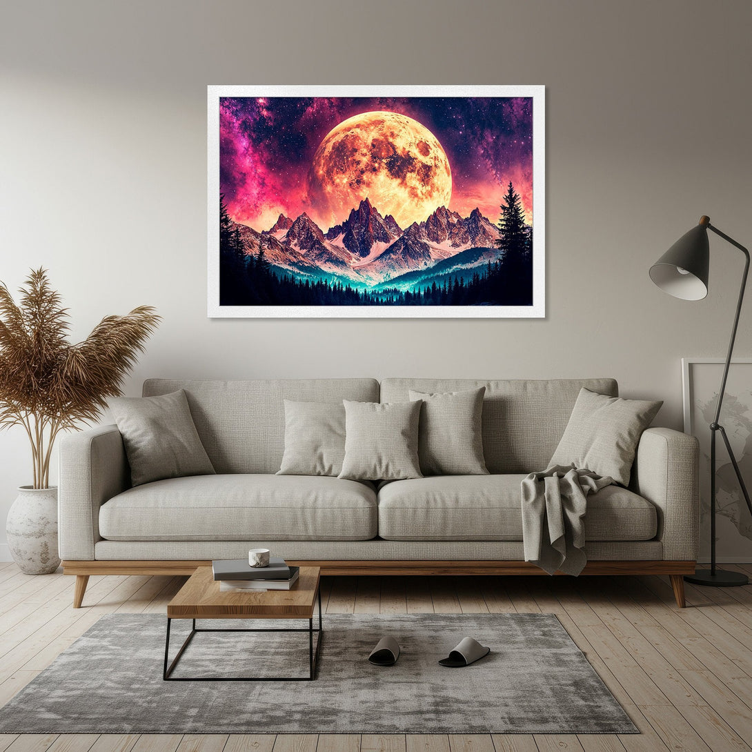 Framed Poster of a majestic mountain landscape with a vibrant moon, in a fantasy style. Features a stunning pink, orange, and teal color palette.