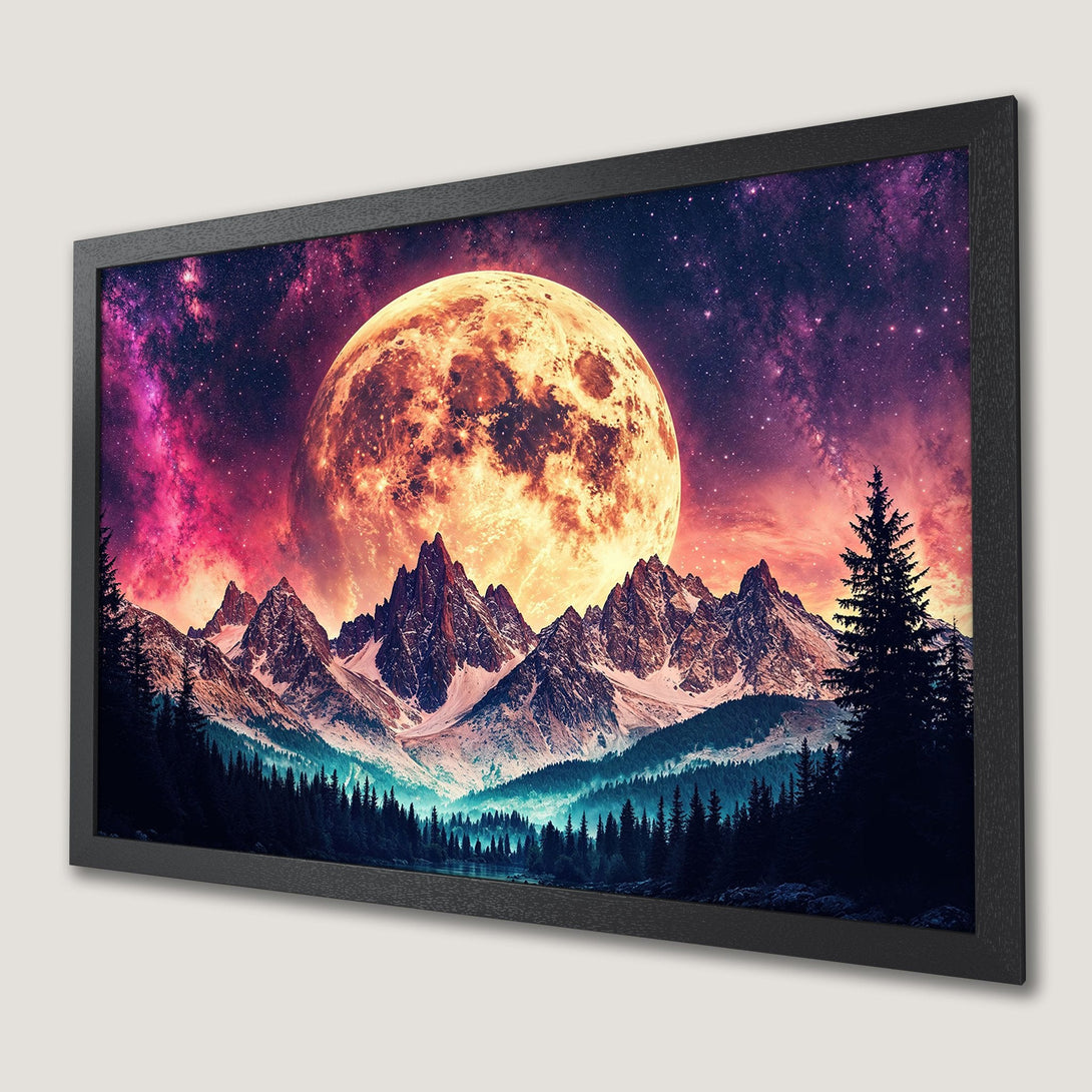 Framed Poster featuring a vibrant mountain landscape with a large moon, in a fantasy style with a warm color palette.