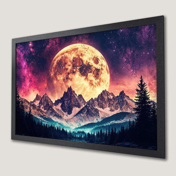 Framed Poster featuring a vibrant mountain landscape with a large moon, in a fantasy style with a warm color palette.