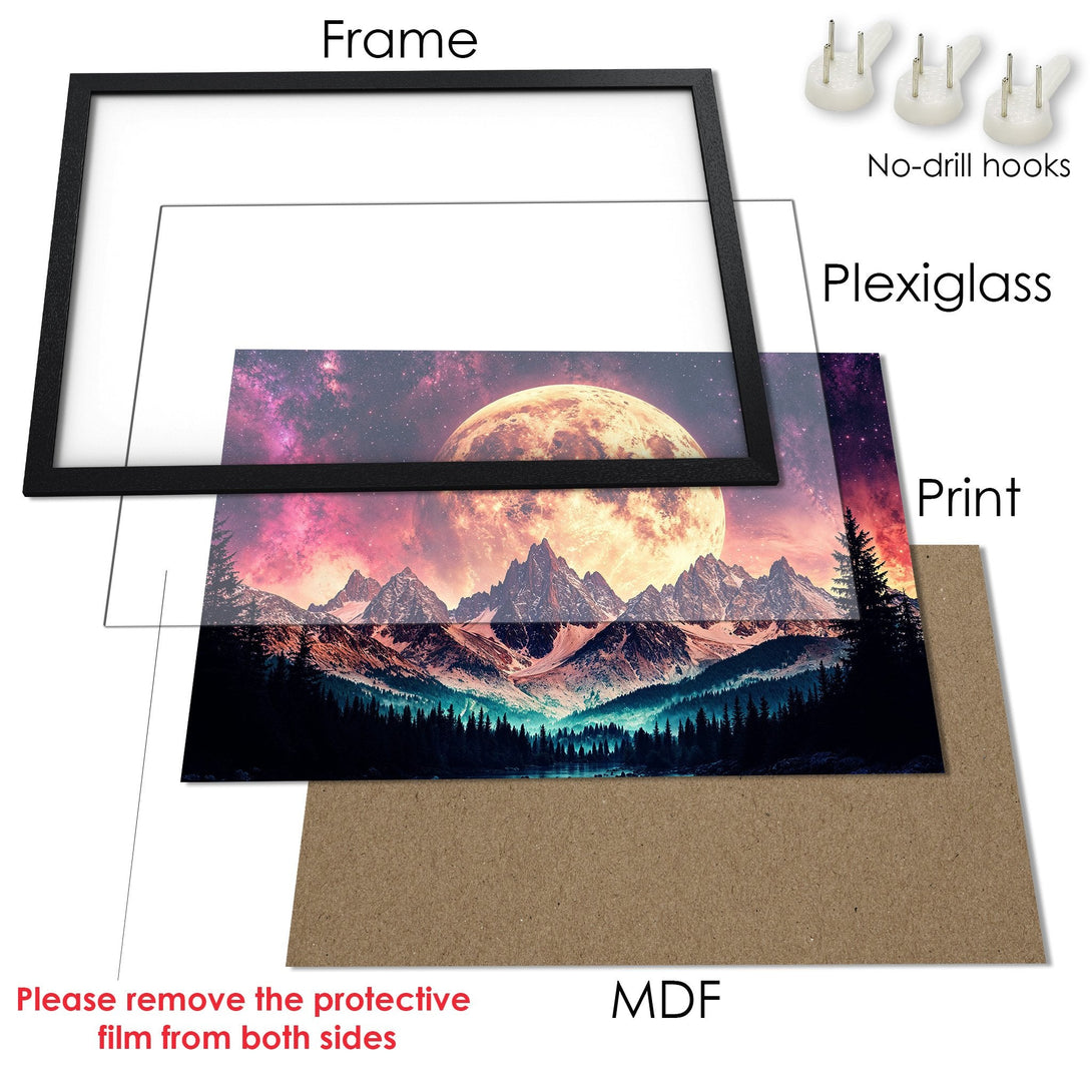 Framed Poster featuring a stunning mountain landscape with a vibrant pink and teal color palette. Perfect wall art!