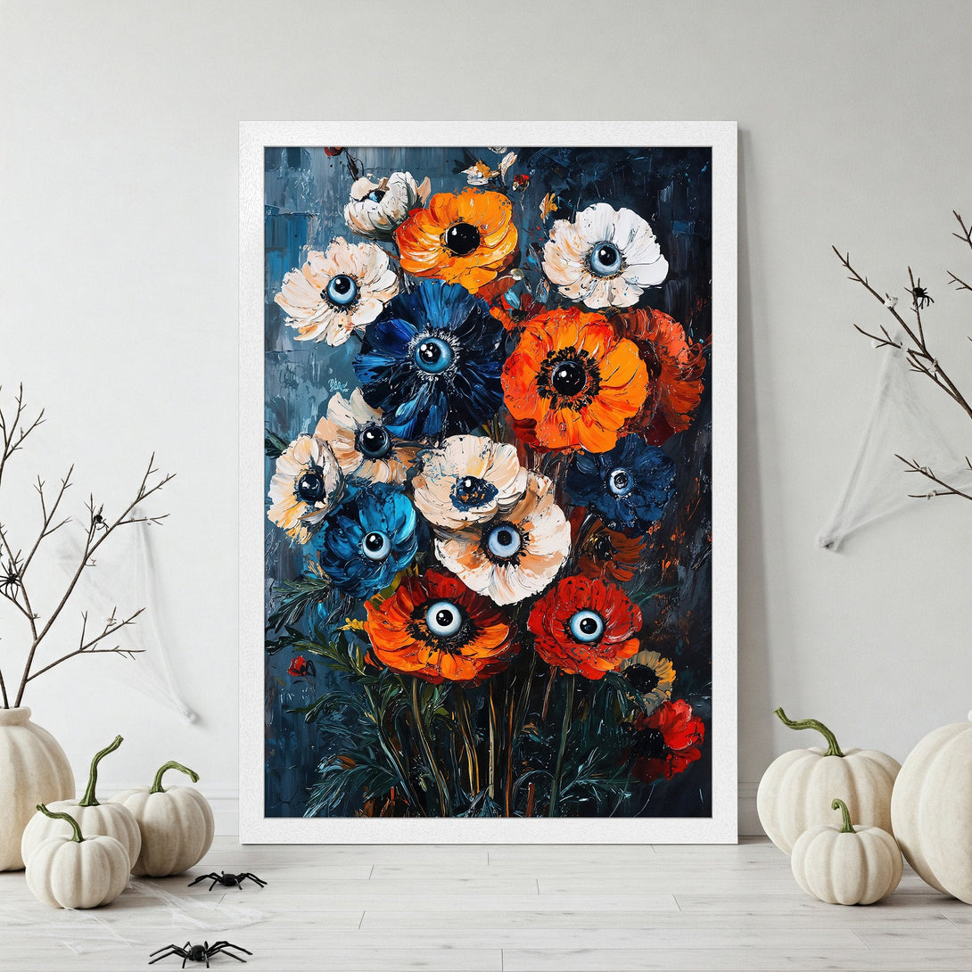 Framed Poster featuring an eye-catching floral painting in a dark, moody style with orange, blue, and white blooms. Perfect Halloween decor!